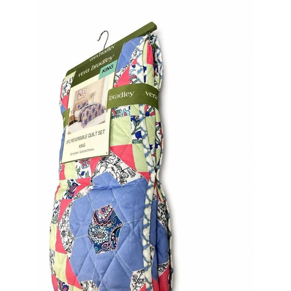Vera Bradley King Quilt Set 3 Piece Reversible Floral Patchwork Blue Green Shams